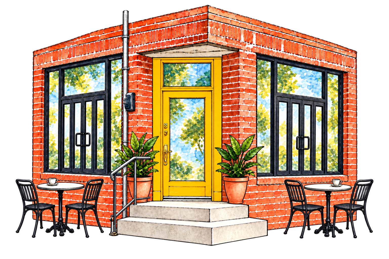 Watercolor illustration of the Mornings in Medellín café storefront with red brick, a golden yellow entrance, black framed windows, plants, and outdoor café tables